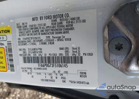 2015 Ford Fusion S z USA, uszkodzony, nr VIN 1FA6P0G73F5106145